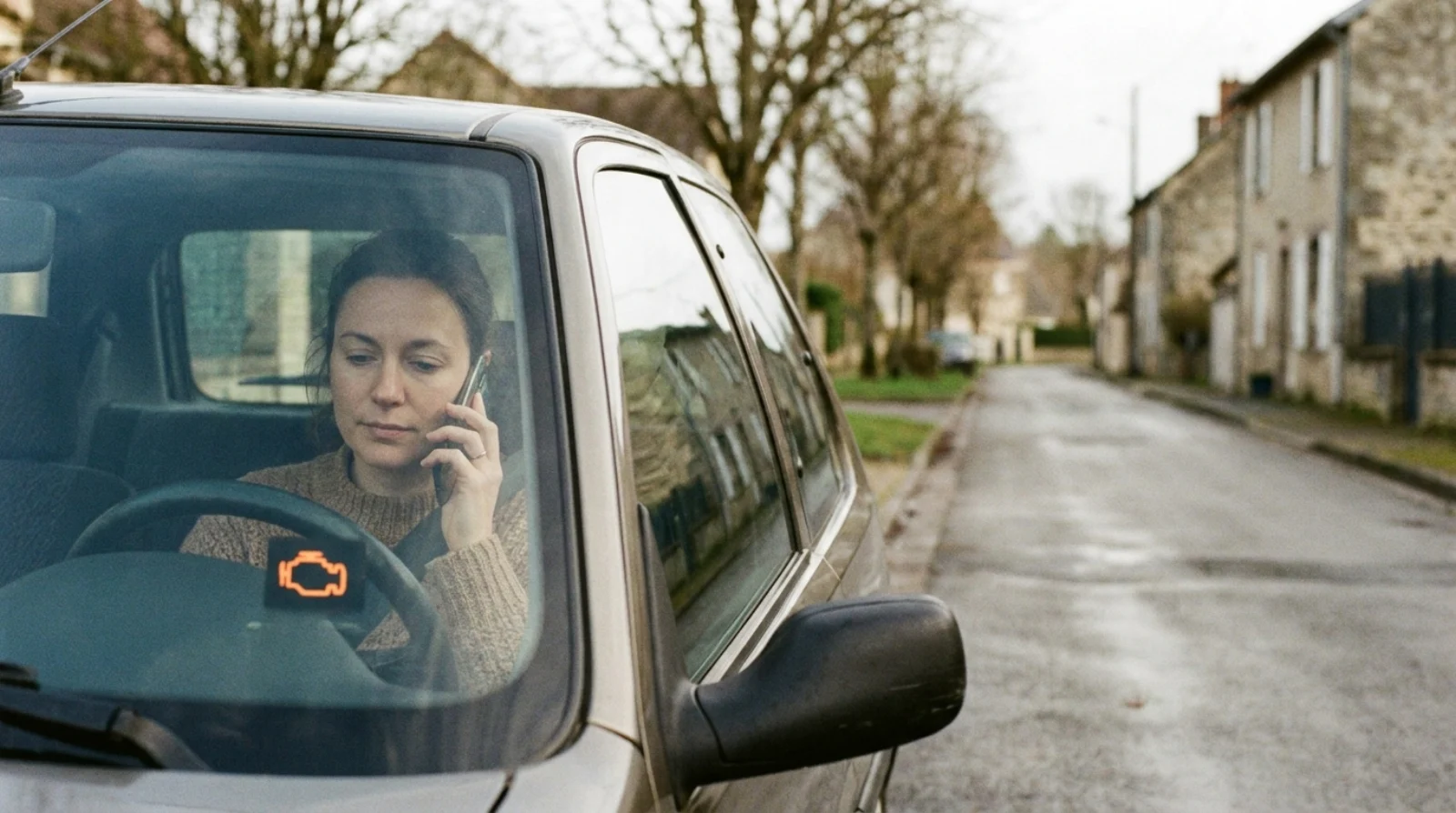 Cliente au téléphone dans sa voiture garée dans sa rue, voyant moteur allumé