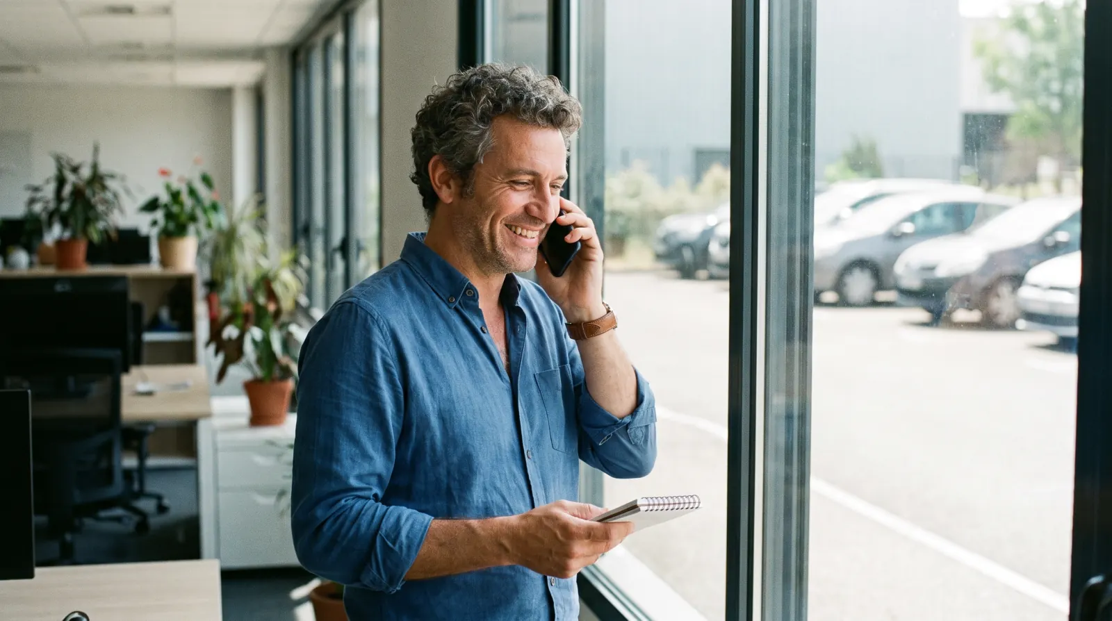 Homme souriant au téléphone devant la baie vitrée d'un bureau lumineux, carnet en main, voitures garées devant l'immeuble en contrebas