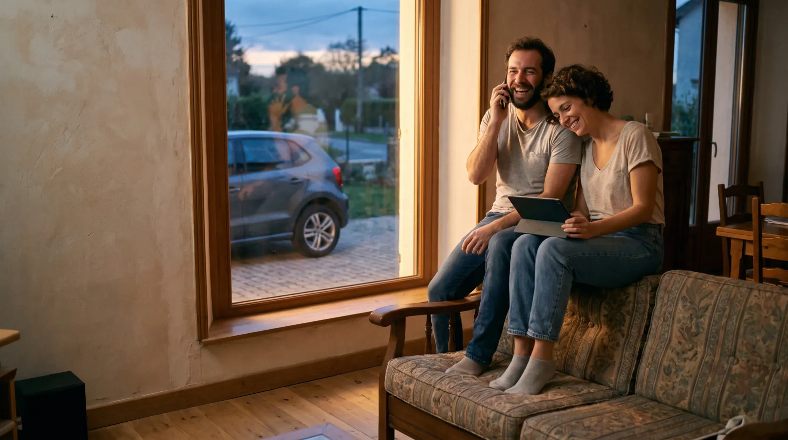 Couple souriant assis sur le dossier de son canapé, l'homme au téléphone, la femme consulte une tablette ; leur voiture est garée dans l'allée derrière la fenêtre